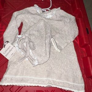 Catherine Malandrino Cream Knit Baby Dress and Bonnet